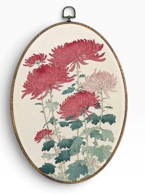 Vintage-style Chrysanthemum Floral Oval Canvas Wall Art Room Decor 8”x11”